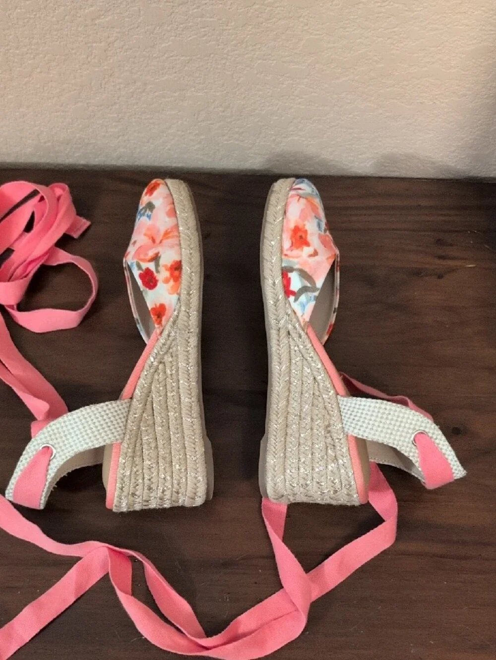 Floral Espadrille Wedges with Pink Ties